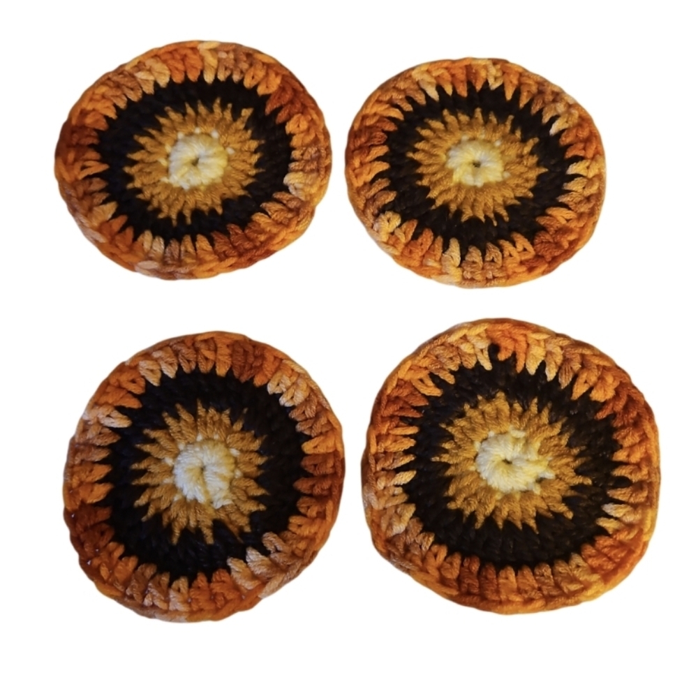 Hand Crafted Crochet Yellow Knitted Flower Accessory Drink Coaster Set 4pc Retro